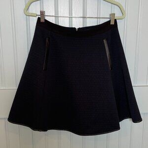 Madewell Textured A-Line Skirt Navy Blue w/ Faux Leather Trim, Pockets Size 8